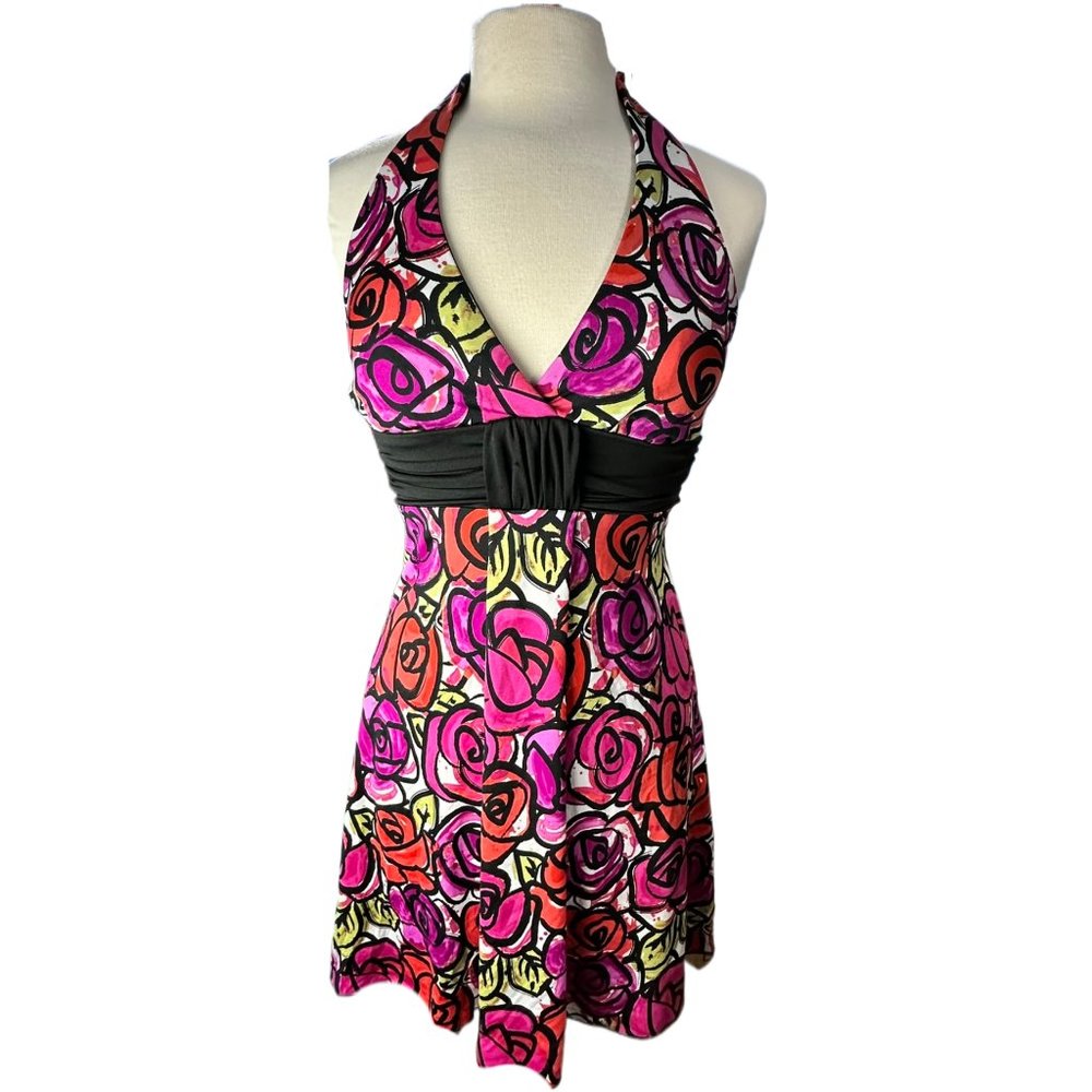 Cocktail Halter Mini Dress Size XS Floral Rose Pink Black Tie Up Speechless